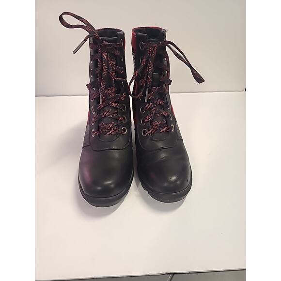 Sorel Lexie Boots Women's 8 Black Red Leather Buffalo Plaid Hidden Wedge Booties - Picture 6 of 12